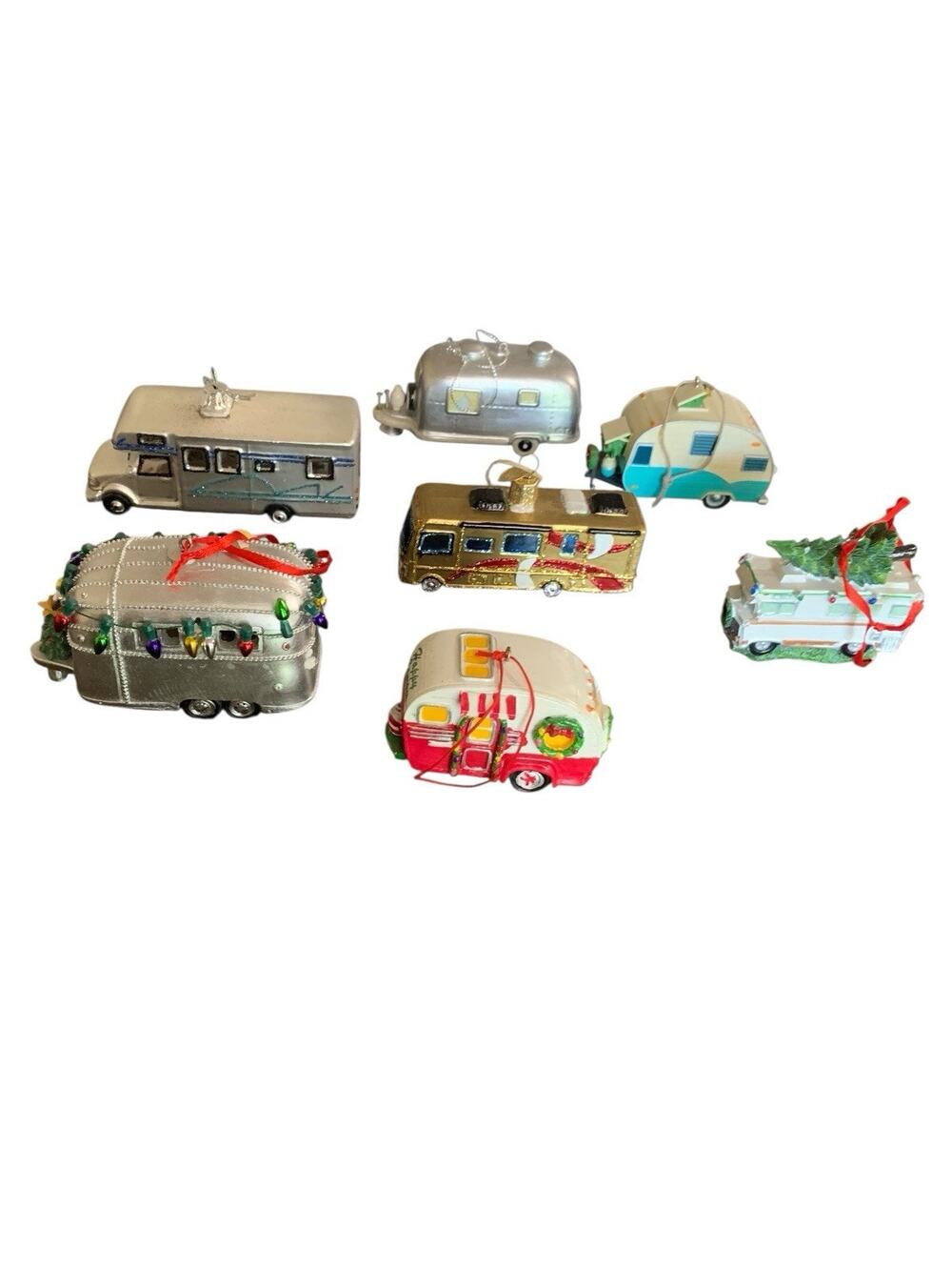 Lot Of 7 RV Motor Home Camper Christmas Glass Ornament Glitter Holiday Travel